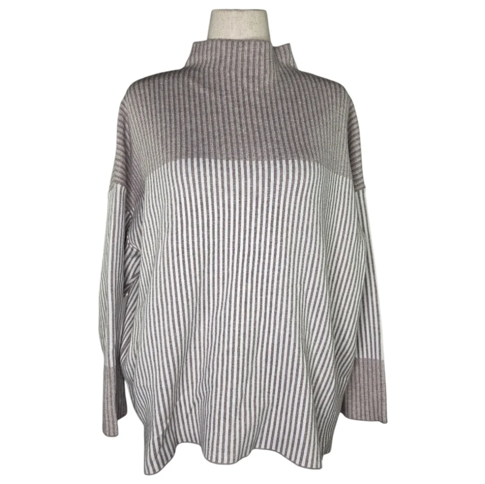 Rachel Zoe Striped Mock Neck Oversized Sweater Taupe Cream Plus Size 2X